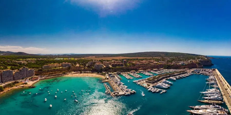 Aerial view of Port Adriano with the moorings and the cove
